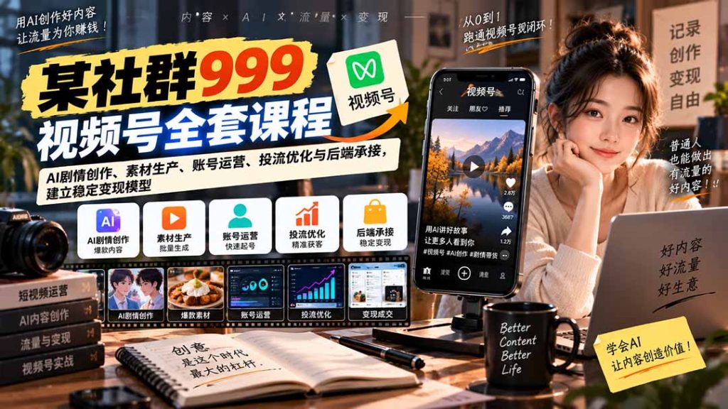 【无水印】某社群999视频号全套课程：AI剧情创作、素材生产、账号运营、投流优化与后端承接，建立稳定变现模型-副业网创