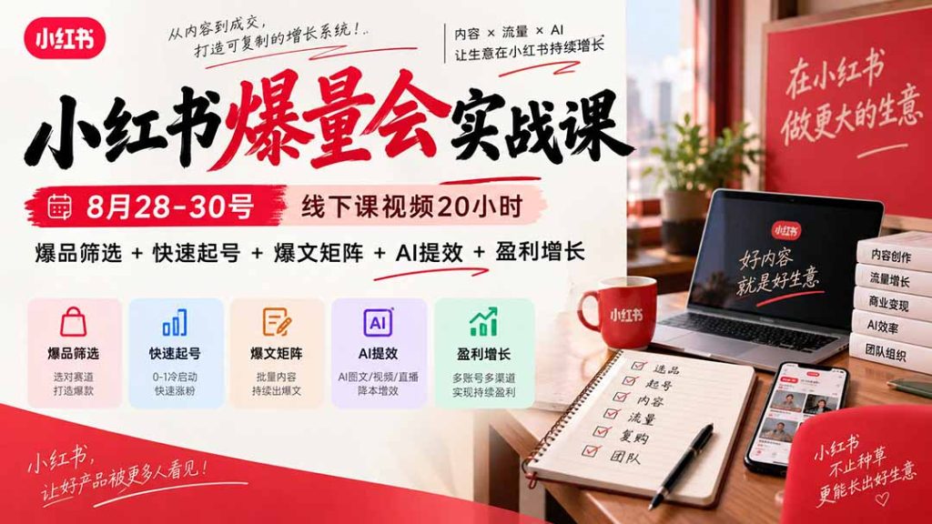 小红书爆量会实战课：8月28-30号线下课视频20小时，爆品筛选+快速起号+爆文矩阵+AI提效+盈利增长-副业网创