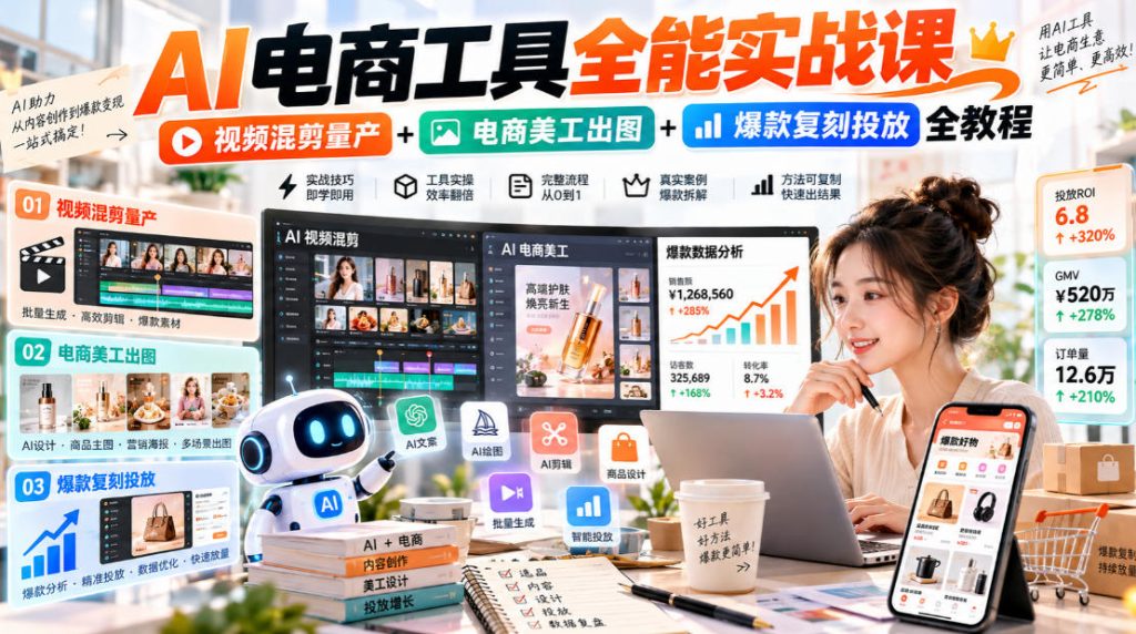 AI电商工具全能实战教学,视频混剪量产+电商美工出图+爆款复刻投放全教程-副业网创