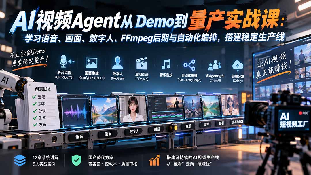 AI视频Agent从Demo到量产实战课：学习语音、画面、数字人、FFmpeg后期与自动化编排，搭建稳定生产线-副业网创