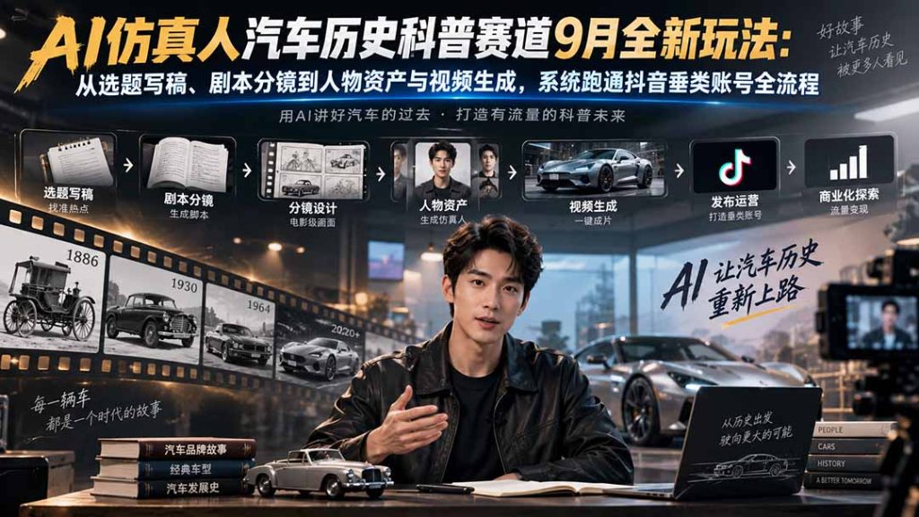 AI仿真人汽车历史科普赛道9月全新玩法:从选题写稿、剧本分镜到人物资产与视频生成,系统跑通抖音垂类账号全流程-副业网创