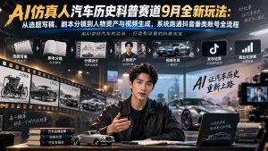 AI仿真人汽车历史科普赛道9月全新玩法：从选题写稿、剧本分镜到人物资产与视频生成，系统跑通抖音垂类账号全流程-副业网创
