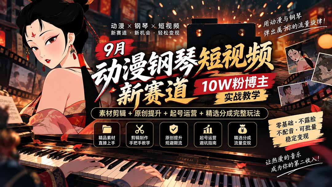 9月动漫钢琴短视频新赛道|10W粉博主实战教学,素材剪辑+原创提升+起号运营+精选分成完整玩法-副业网创