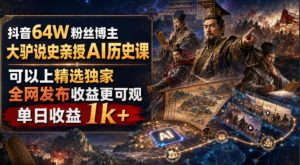 抖音64W粉丝博主大驴说史亲授AI历史课,可以上精选独家,全网发布收益更可观,单日收益1k+(更新)-副业网创