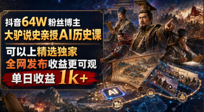抖音64W粉丝博主大驴说史亲授AI历史课，可以上精选独家，全网发布收益更可观，单日收益1k+(更新)-副业网创