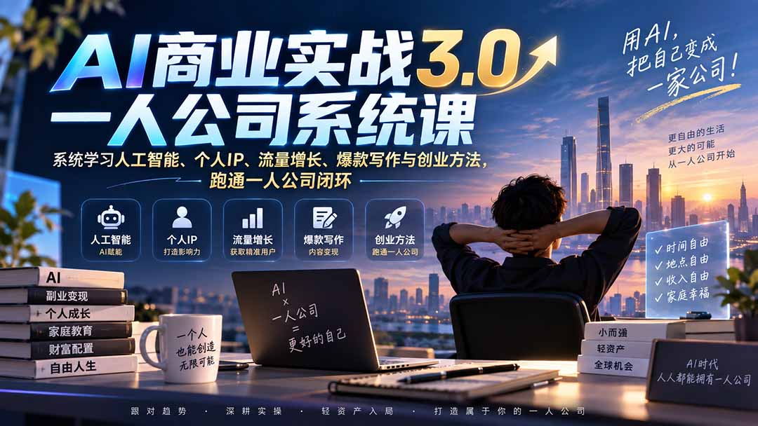 AI商业实战3.0一人公司系统课：系统学习人工智能、个人IP、流量增长、爆款写作与创业方法，跑通一人公司闭环-副业网创