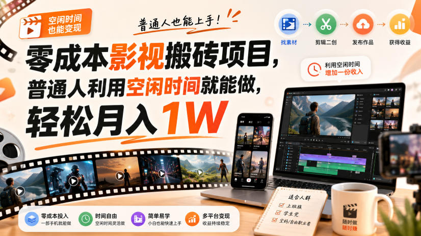 零门槛影视搬砖项目，月入万元，玩法稳定普通人可落地的长期副业！-副业网创