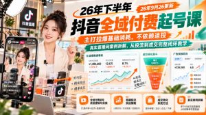 26年下半年抖音全域付费起号课26年9月26更新，主打拉爆基础消耗，不依赖追投，真实直播间案例拆解，从投流到成交完整闭环教学-副业网创