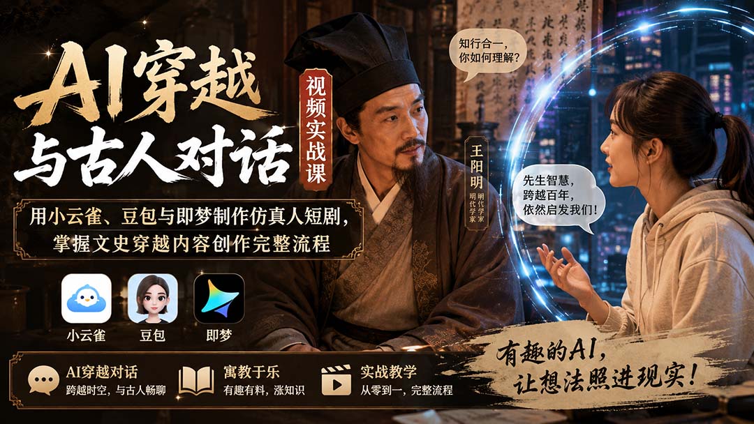 AI穿越与古人对话视频实战课：用小云雀、豆包与即梦制作仿真人短剧，掌握文史穿越内容创作完整流程-副业网创