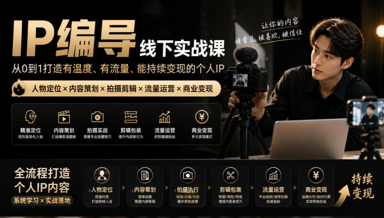 【无水印】IP编导线下实战课，从人物定位到短视频拍摄剪辑，全流程打造有温度、有流量、能持续变现的个人IP内容-副业网创