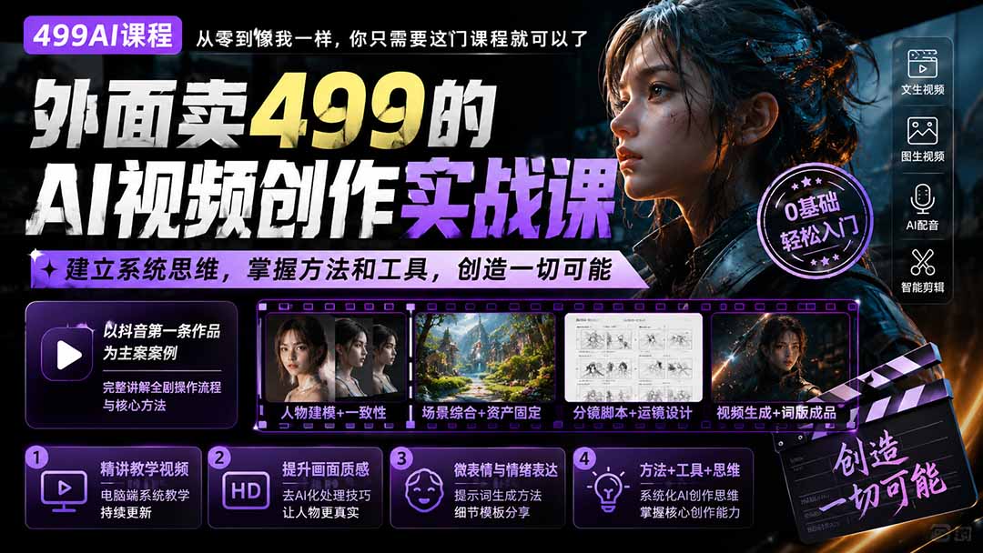外面卖499的AI视频创作实战课：建立系统思维，掌握方法和工具，创造一切可能。-副业网创