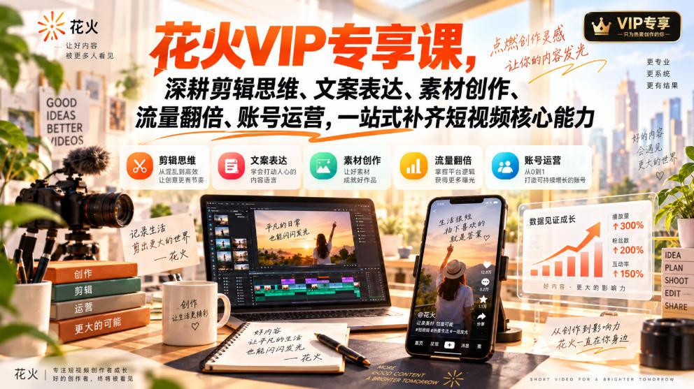 花火VIP专享课，深耕剪辑思维、文案表达、素材创作、流量翻倍、账号运营，一站式补齐短视频核心能力-副业网创