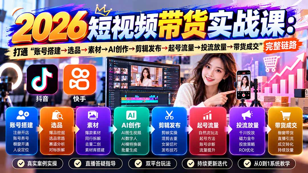 2026短视频带货实战课9月：打通“账号搭建→选品→素材→AI创作→剪辑发布→起号流量→投流放量→带货成交”完整链路-副业网创