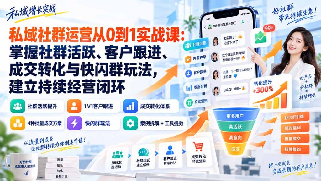 私域社群运营从0到1实战课:掌握社群活跃、客户跟进、成交转化与快闪群玩法,建立持续经营闭环-副业网创
