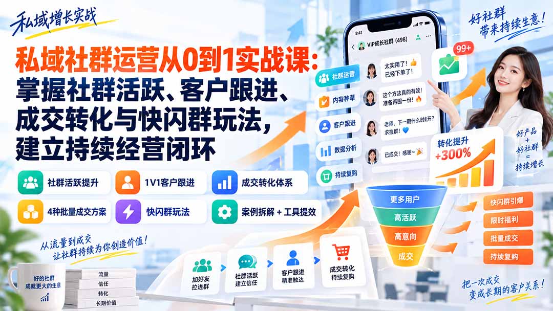 私域社群运营从0到1实战课:掌握社群活跃、客户跟进、成交转化与快闪群玩法,建立持续经营闭环-副业网创