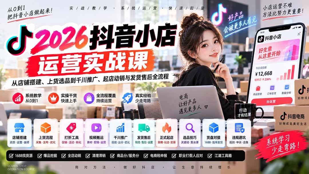 2026抖音小店运营实战课｜从店铺搭建、上货选品到千川推广、起店动销与发货售后全流程-副业网创