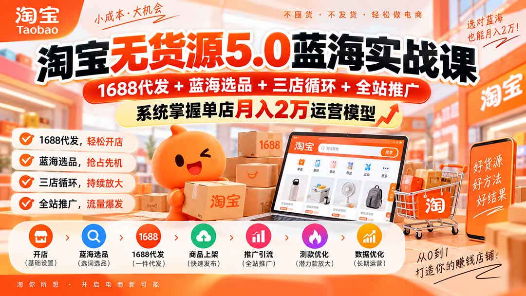 淘宝无货源5.0蓝海实战课-更新0927：1688代发+蓝海选品+三店循环+全站推广，系统掌握单店月入2万运营模型-副业网创
