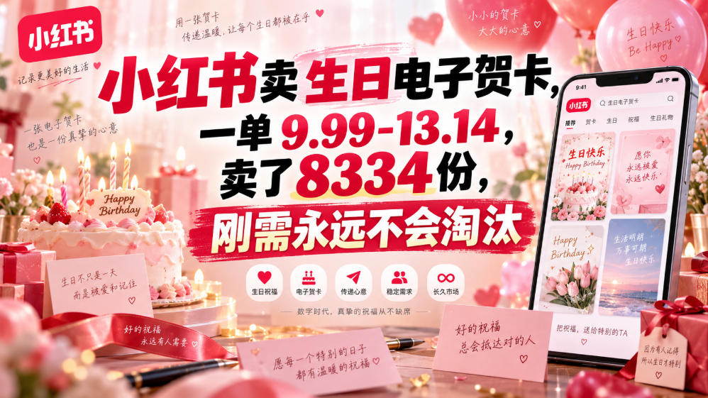 小红书卖生日电子贺卡，一单9.99-13.14，卖了8334份，刚需永远不会淘汰-副业网创