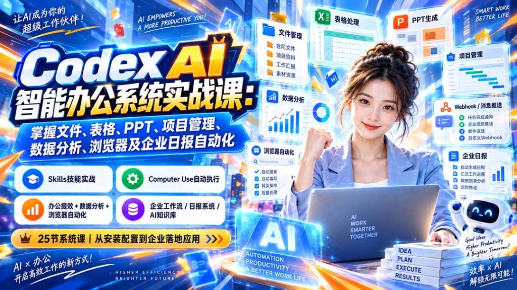 Codex AI智能办公系统实战课:掌握文件、表格、PPT、项目管理、数据分析、浏览器及企业日报自动化-副业网创