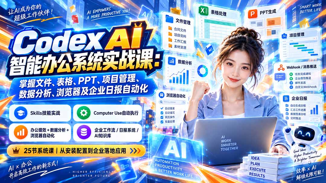 Codex AI智能办公系统实战课：掌握文件、表格、PPT、项目管理、数据分析、浏览器及企业日报自动化-副业网创