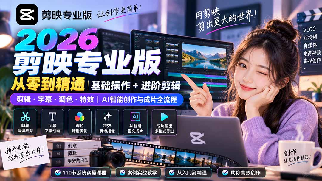 2026剪映专业版从零到精通｜基础操作+进阶剪辑｜剪辑·字幕·调色·特效｜AI智能创作与成片全流程-副业网创