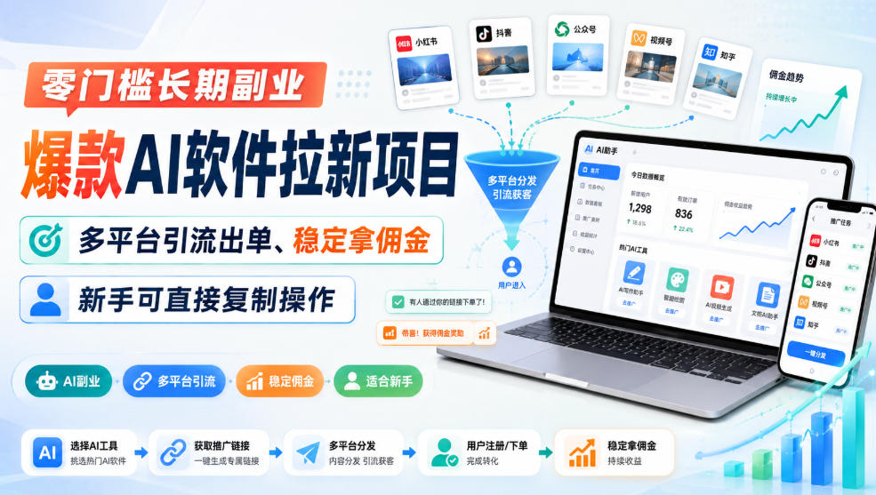 零门槛长期副业，爆款AI软件拉新项目，多平台引流出单、稳定拿佣金，新手可直接复制操作-副业网创