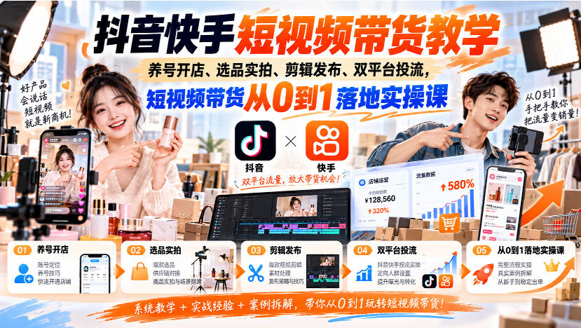 抖音快手短视频带货教学｜养号开店、选品实拍、剪辑发布、双平台投流，短视频带货从0到1落地实操课-副业网创