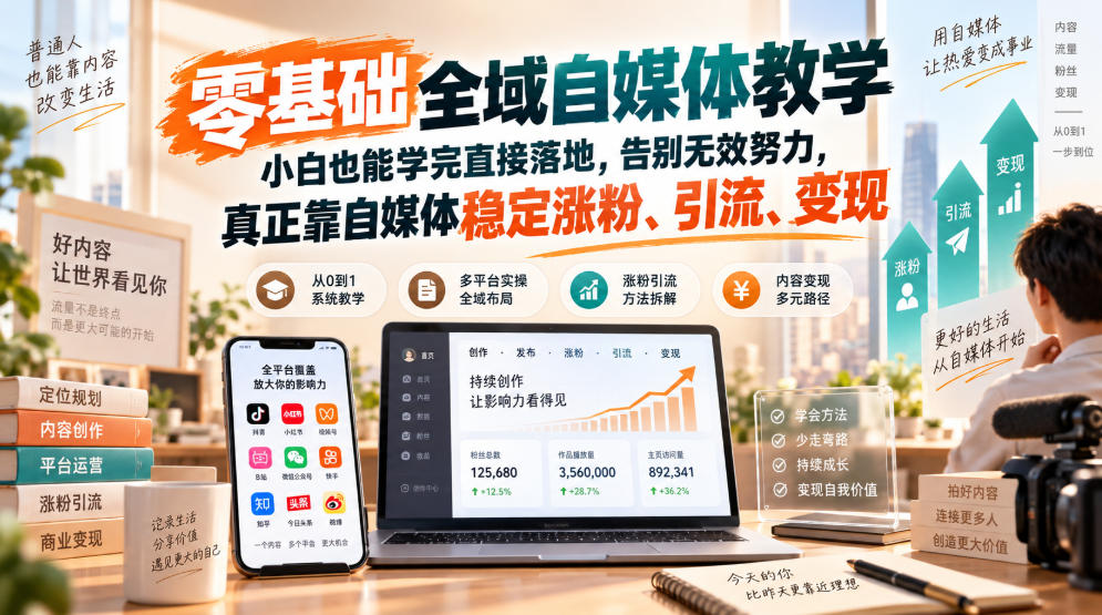 零基础全域自媒体教学,小白也能学完直接落地,告别无效努力,真正靠自媒体稳定涨粉、引流、变现-副业网创