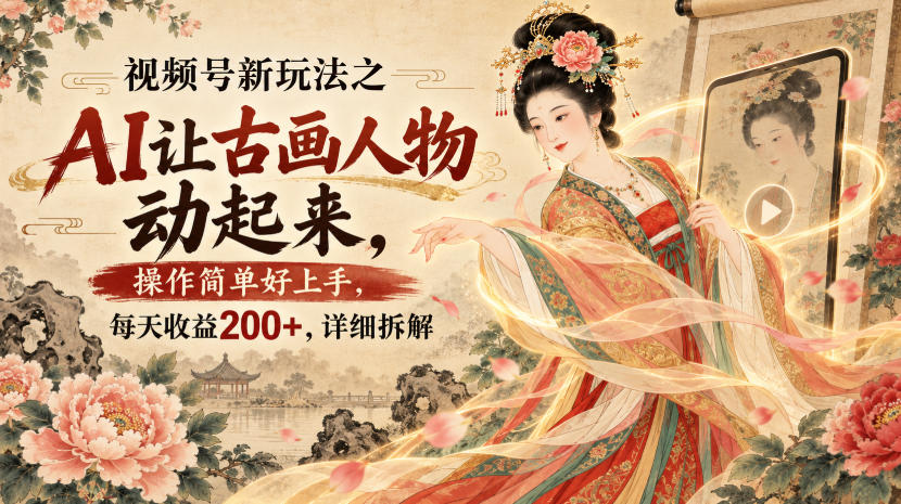 视频号新玩法之AI让古画人物动起来，操作简单好上手，每天收益200+，详细拆解-副业网创