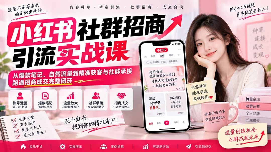 小红书社群招商引流实战课-无水印：从爆款笔记、自然流量到精准获客与社群承接，跑通招商成交完整闭环-副业网创