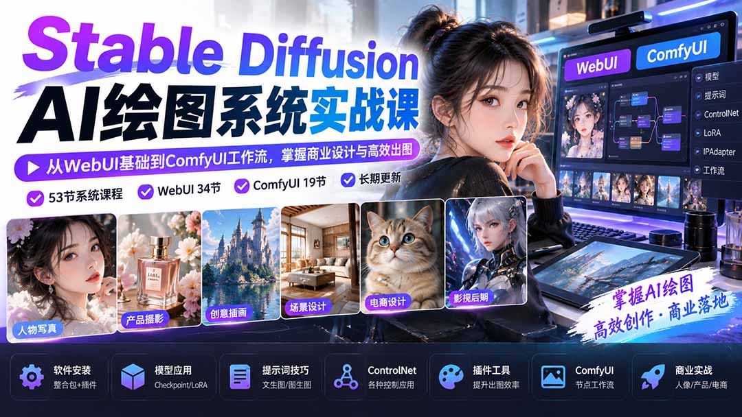 【无水印】Stable Diffusion AI绘图系统实战课:从WebUI基础到ComfyUI工作流,掌握商业设计与高效出图-副业网创