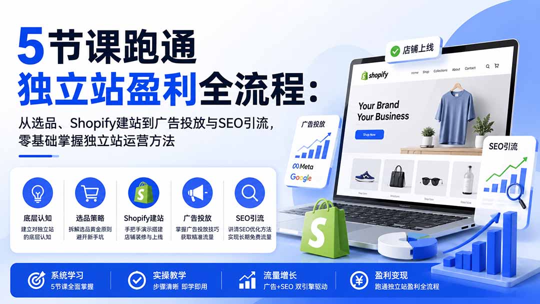 5节课跑通独立站盈利全流程：从选品、Shopify建站到广告投放与SEO引流，零基础掌握独立站运营方法-副业网创