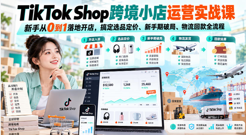 TikTok Shop跨境小店运营实战课，新手从0到1落地开店，搞定选品定价、新手期破局、物流回款全流程-副业网创
