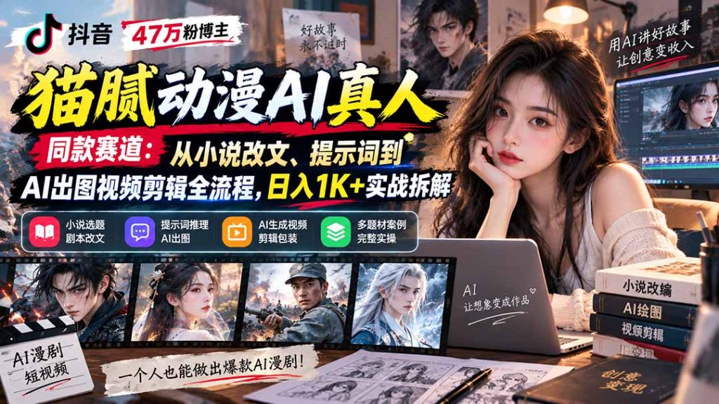 抖音47万粉博主猫腻动漫AI真人同款赛道:从小说改文、提示词到AI出图视频剪辑全流程,日入1K+实战拆解-副业网创
