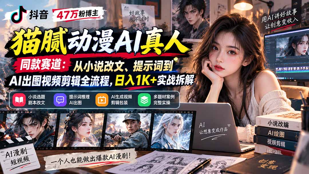 抖音47万粉博主猫腻动漫AI真人同款赛道:从小说改文、提示词到AI出图视频剪辑全流程,日入1K+实战拆解-副业网创
