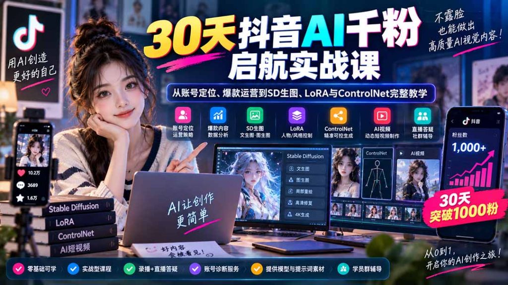 30天抖音AI千粉启航实战课：从账号定位、爆款运营到SD生图、LoRA与ControlNet完整教学-副业网创