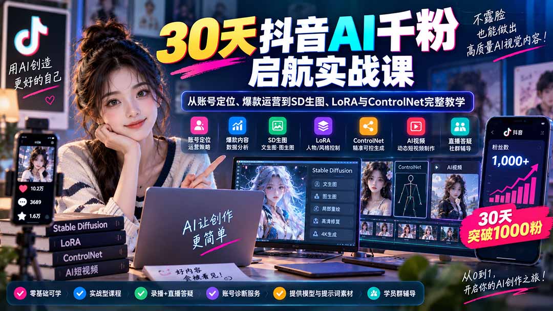30天抖音AI千粉启航实战课：从账号定位、爆款运营到SD生图、LoRA与ControlNet完整教学-副业网创