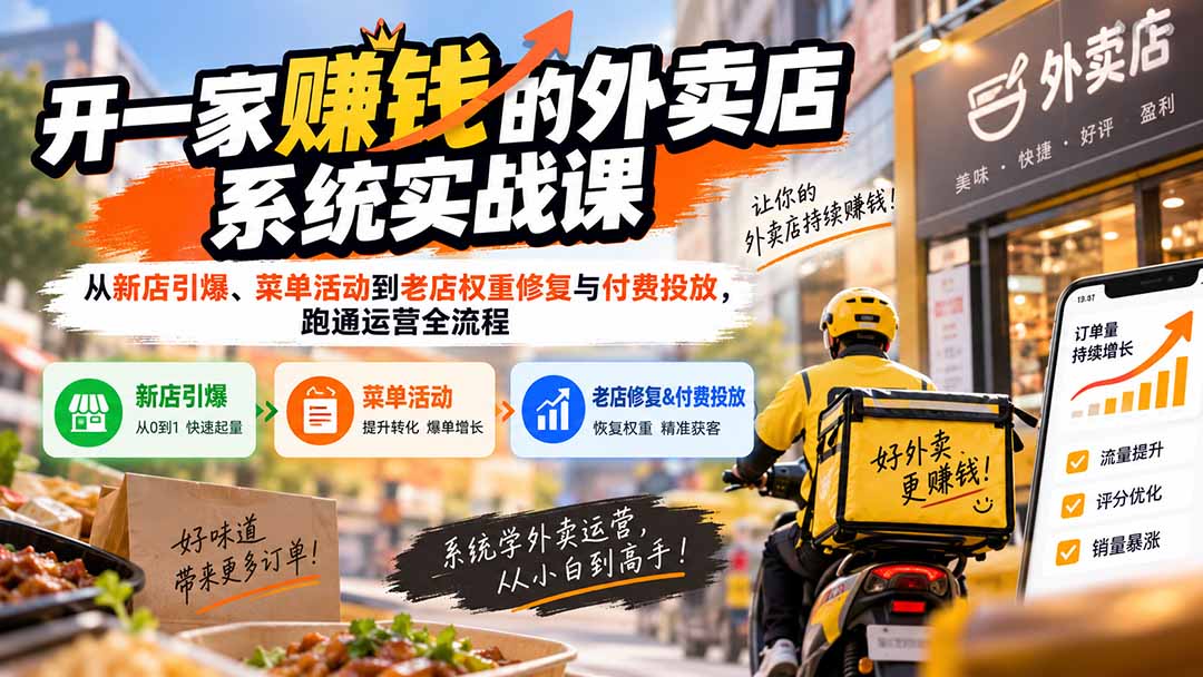 开一家赚钱的外卖店系统实战课：从新店引爆、菜单活动到老店权重修复与付费投放，跑通运营全流程-副业网创
