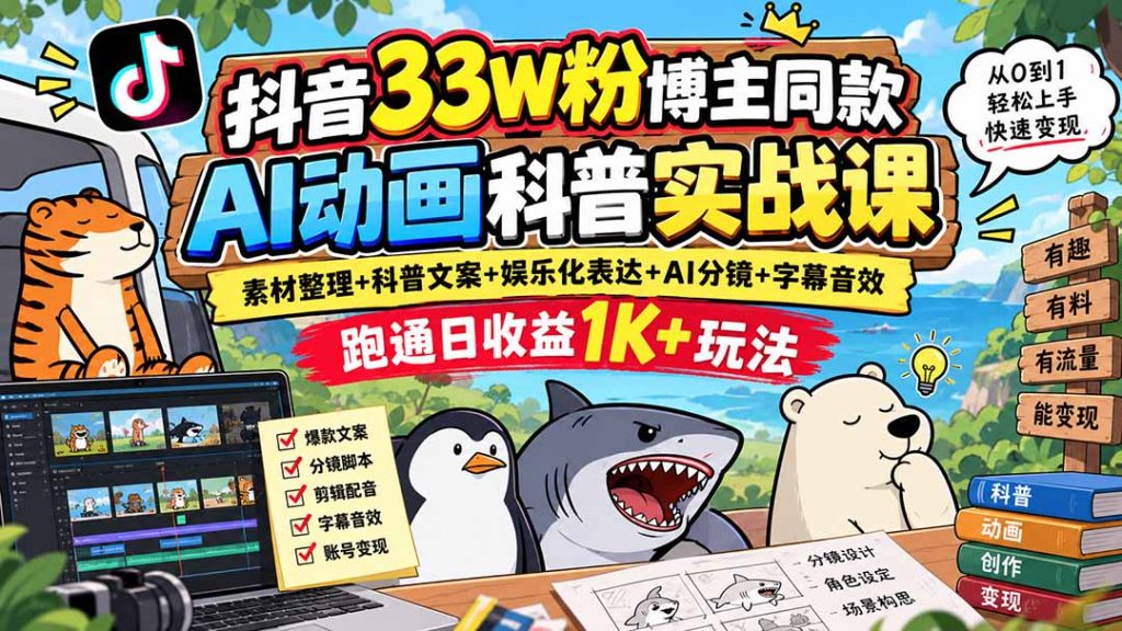 抖音33W粉博主同款AI动画科普实战课｜素材整理+科普文案+娱乐化表达+AI分镜+字幕音效，跑通日收益1K+玩法-副业网创