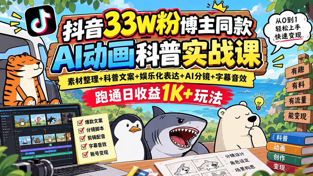 抖音33W粉博主同款AI动画科普实战课｜素材整理+科普文案+娱乐化表达+AI分镜+字幕音效，跑通日收益1K+玩法-副业网创