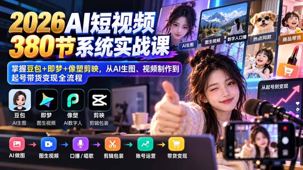 【无水印】2026AI短视频380节系统实战课：掌握豆包+即梦+像塑剪映，从AI生图、视频制作到起号带货变现全流程-副业网创