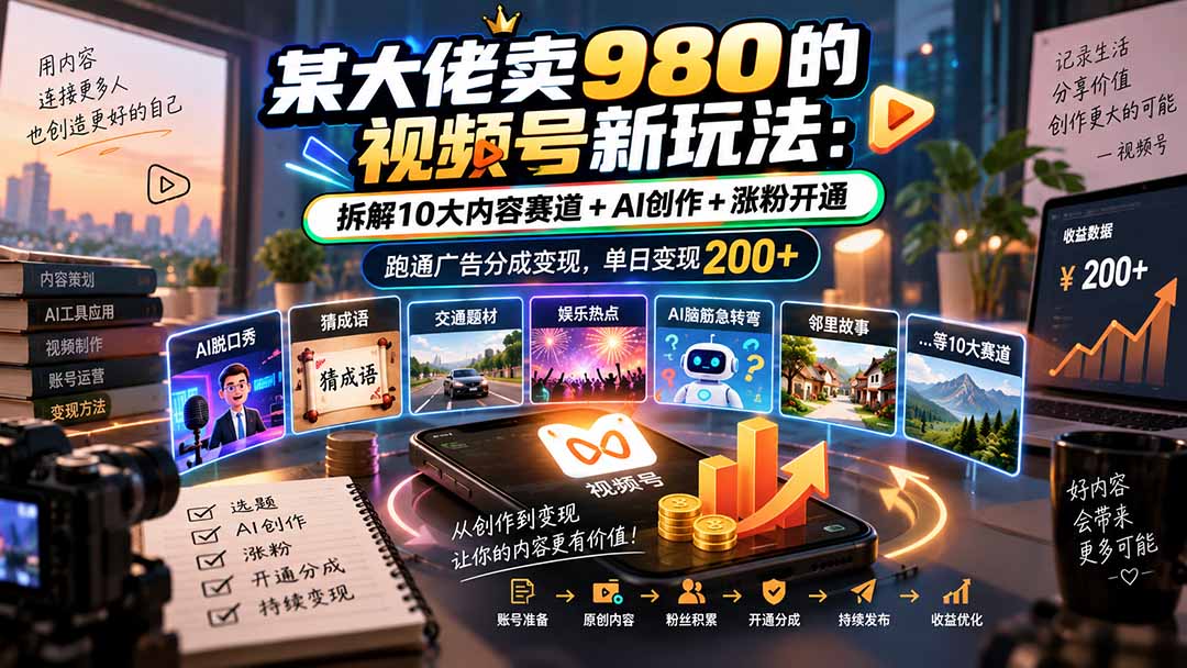 某大佬卖980的视频号新玩法:拆解10大内容赛道+AI创作+涨粉开通,跑通广告分成变现,单日变现200+-副业网创