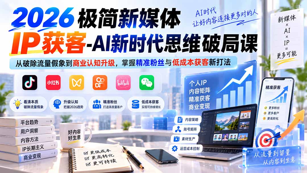 2026极简新媒体IP获客-AI新时代思维破局课:从破除流量假象到商业认知升级,掌握精准粉丝与低成本获客新打法-副业网创