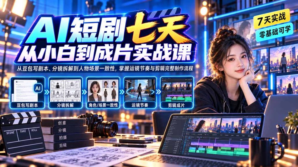 AI短剧七天从小白到成片实战课：从豆包写剧本、分镜拆解到人物场景一致性，掌握运镜节奏与剪辑完整制作流程-副业网创