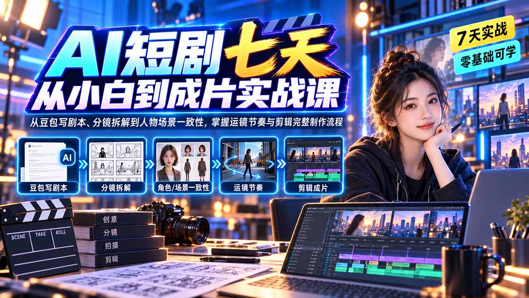AI短剧七天从小白到成片实战课：从豆包写剧本、分镜拆解到人物场景一致性，掌握运镜节奏与剪辑完整制作流程-副业网创