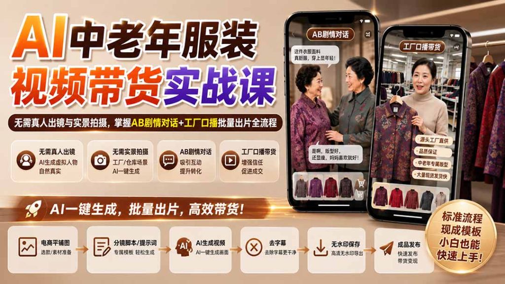 AI中老年服装视频带货实战课：无需真人出镜与实景拍摄，掌握AB剧情对话+工厂口播批量出片全流程-副业网创
