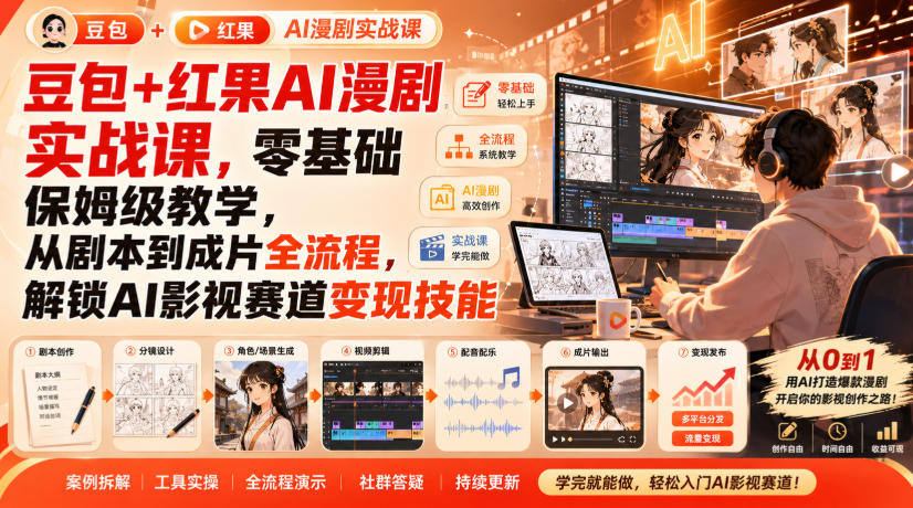 豆包+红果AI漫剧实战课，零基础保姆级教学，从剧本到成片全流程，解锁AI影视赛道变现技能-副业网创