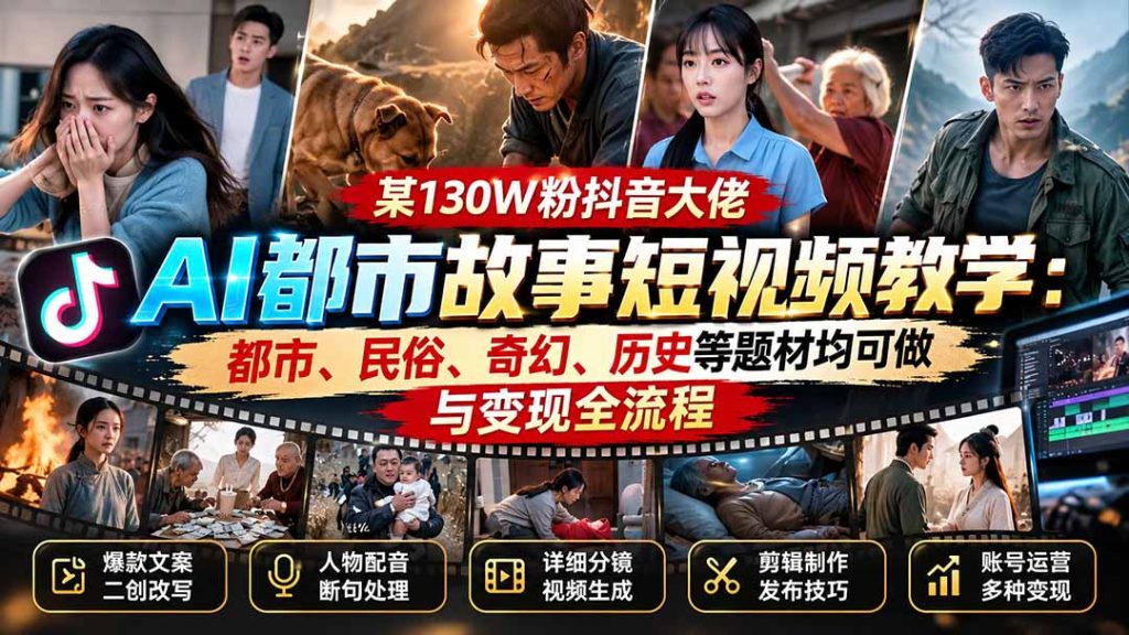 某130W粉抖音大佬AI都市故事短视频教学：都市、民俗、奇幻、历史等题材均可做与变现全流程-副业网创