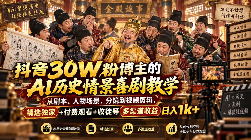 抖音30W粉博主的AI历史情景喜剧教学，从剧本、人物场景、分镜到视频剪辑，精选独家+付费观看+收徒等多渠道收益日入1k+-副业网创