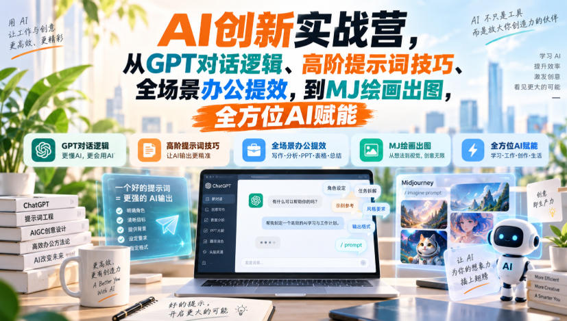 AI创新实战营，从GPT对话逻辑、高阶提示词技巧、全场景办公提效，到MJ绘画出图，全方位AI赋能-副业网创